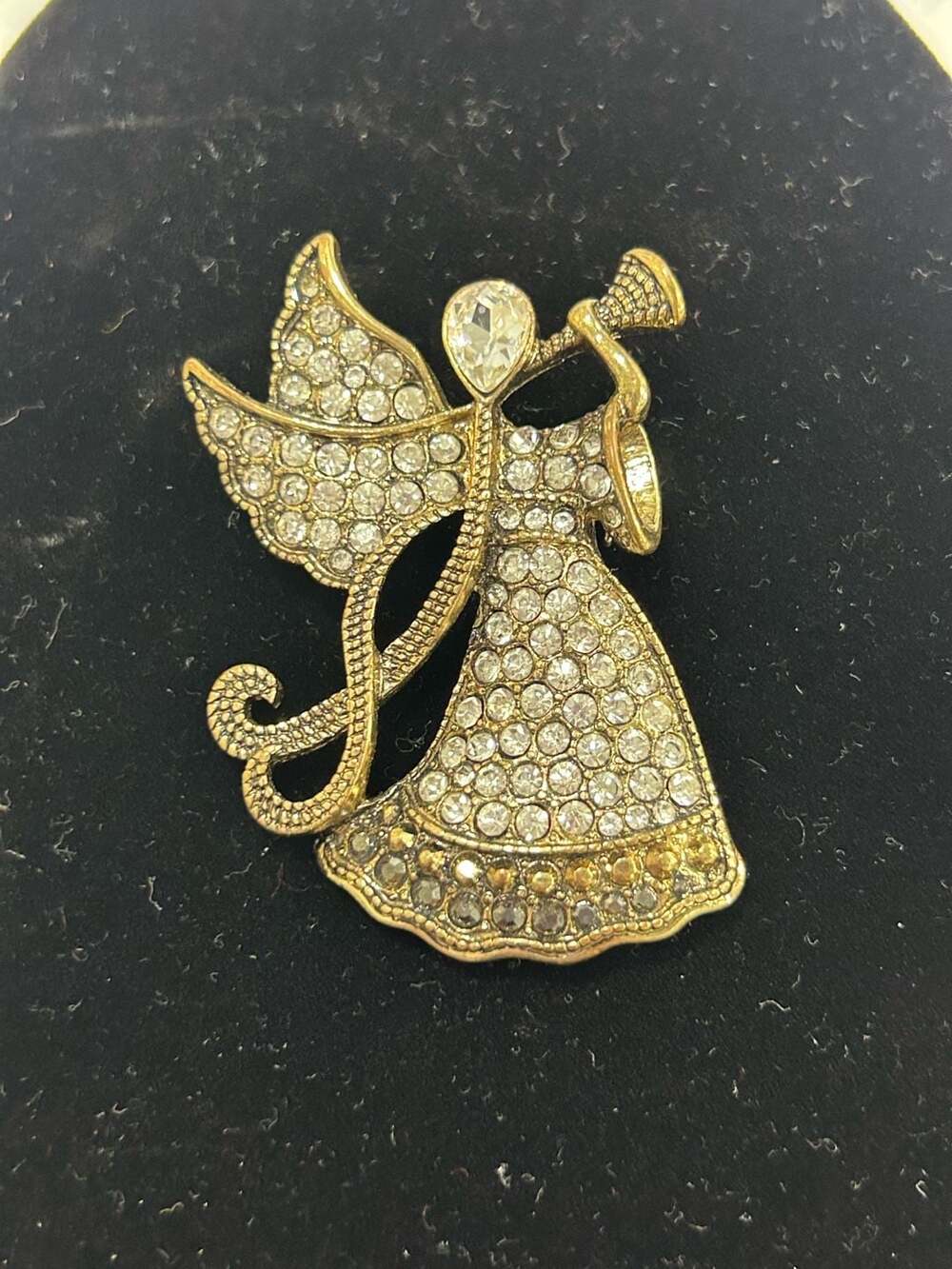 Monet Vintage Gold Tone Angel Blowing Horn Brooch with Clear and Black Rhineston